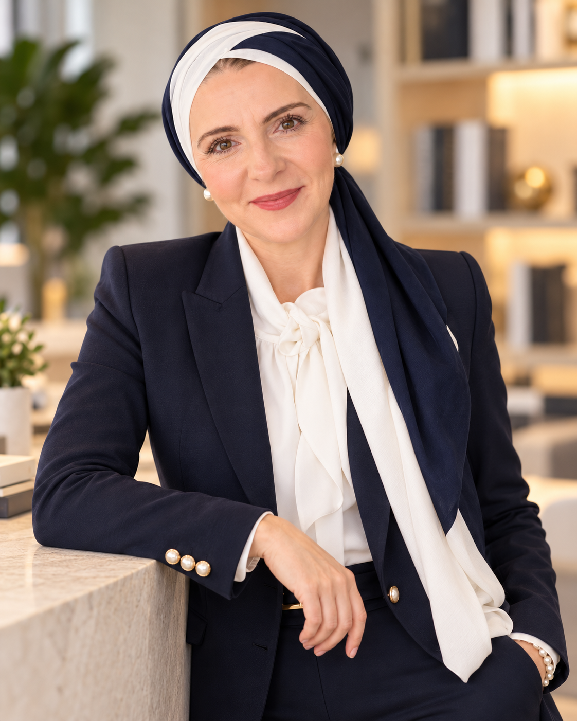 Nicola Benyahia in a navy and white professional portrait